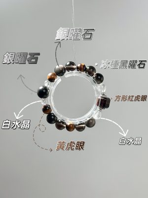 「虎曜沉光」方糖紅虎眼白水晶銀曜石手串